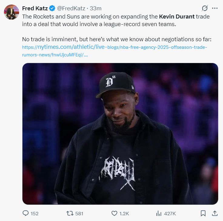 KD交易将扩大至7队？美记模拟7方交易方案：湖人迎赵四 勇士换里皇